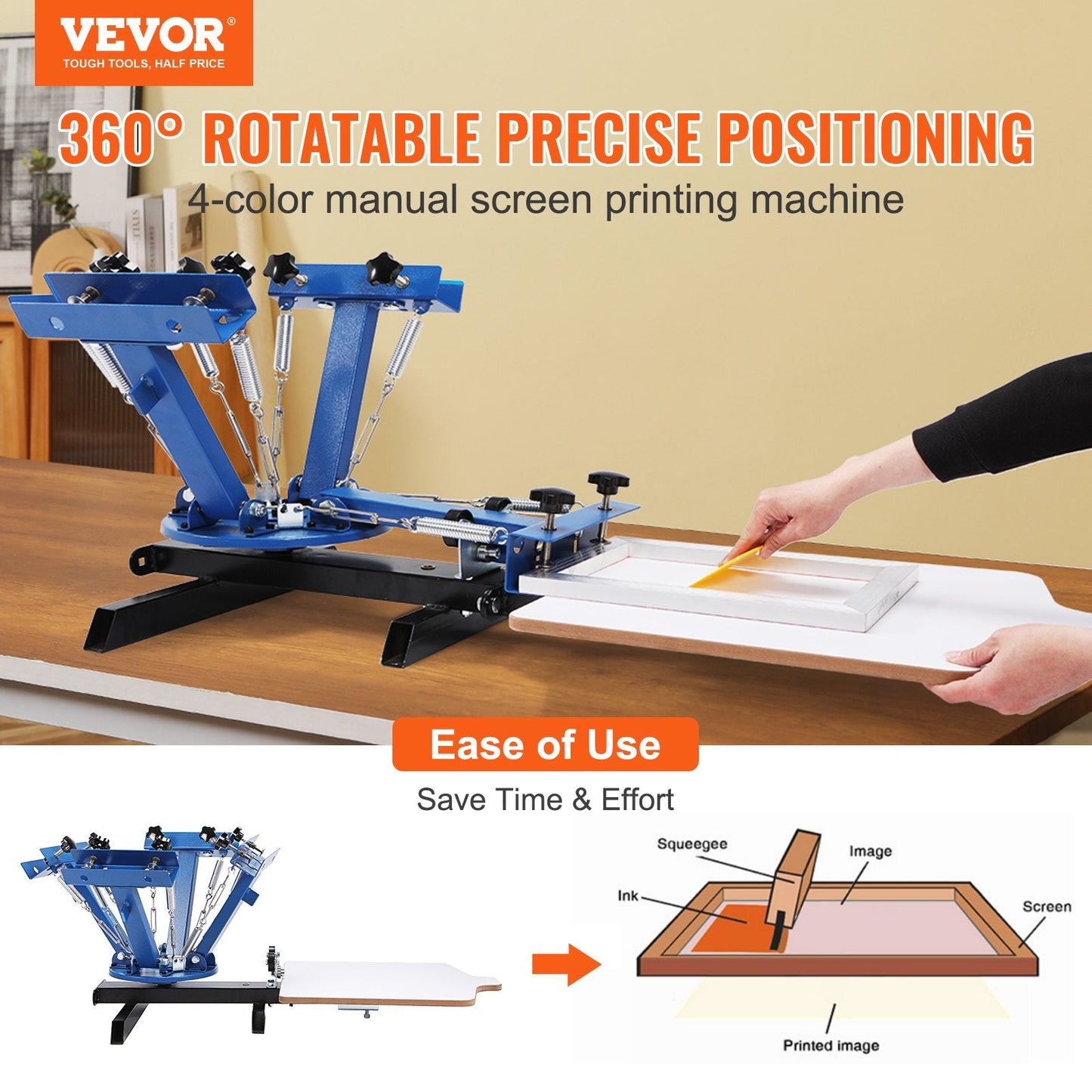 4-Color 1-Station Screen Printing Press with 360° Rotary Pallet, Cold Steel Body