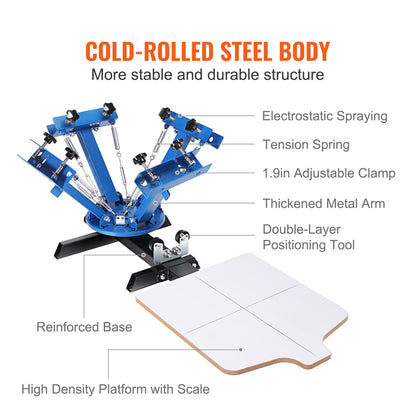 4-Color 1-Station Screen Printing Press with 360° Rotary Pallet, Cold Steel Body