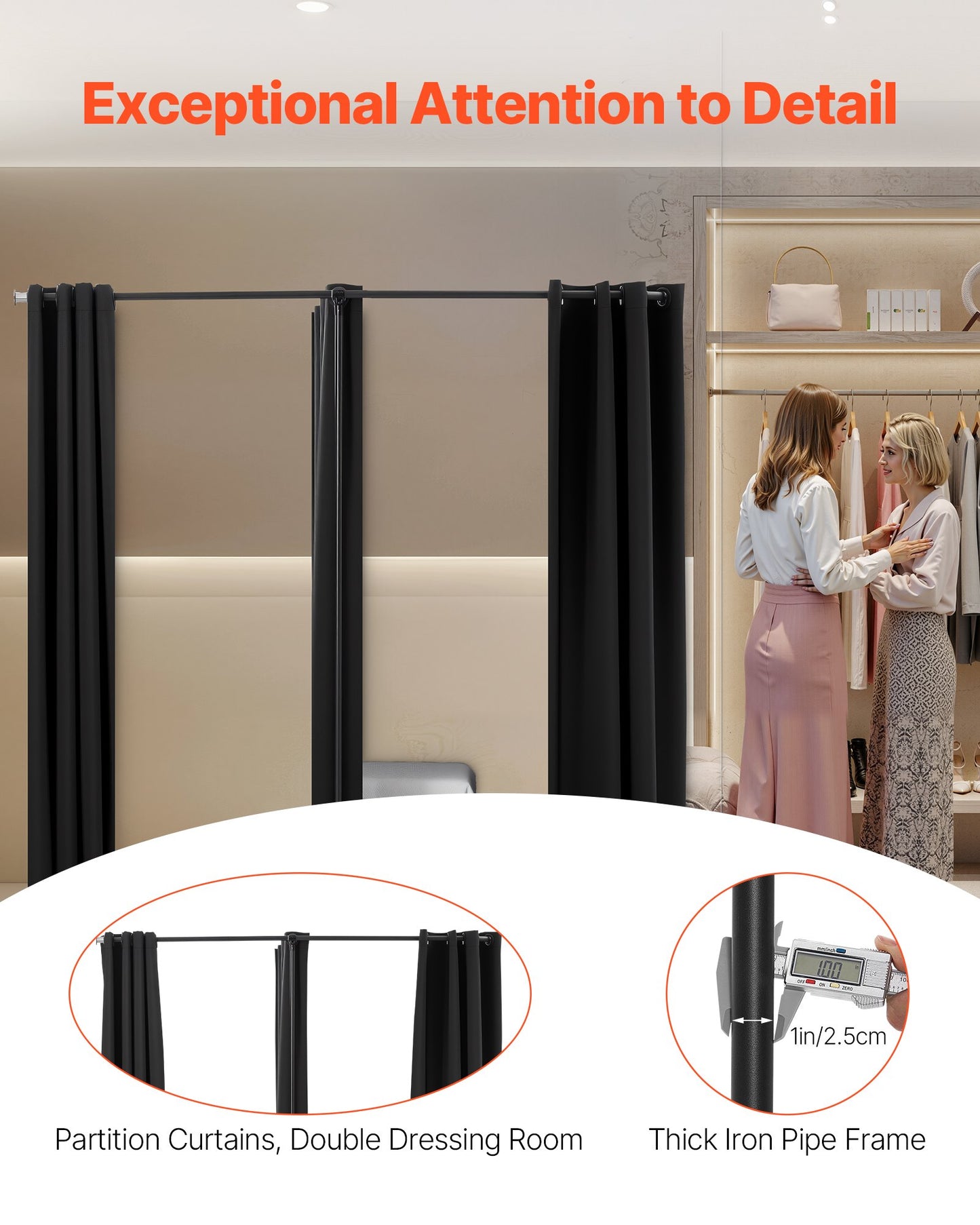 Fitting Room, Portable Changing Room with Thick Polyester Curtains, Double Dressing Rooms with Partition Curtains, for Boutique, Mall, Studio, Tailor's Store & Office 200 x 100 x 200 cm (Black)