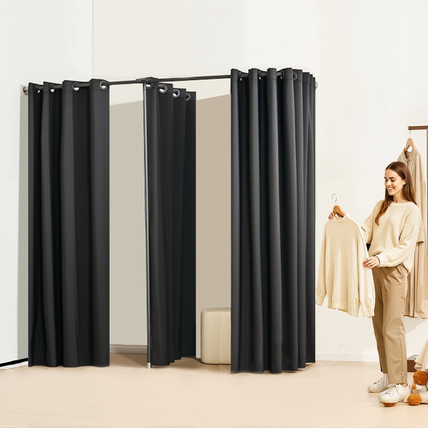 Fitting Room, Portable Changing Room with Thick Polyester Curtains, Double Dressing Rooms with Partition Curtains, for Boutique, Mall, Studio, Tailor's Store & Office 200 x 100 x 200 cm (Black)