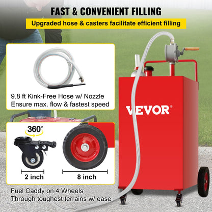 114L Fuel Caddy with Manual Pump, 4 Wheels, for Gasoline/Diesel, Red