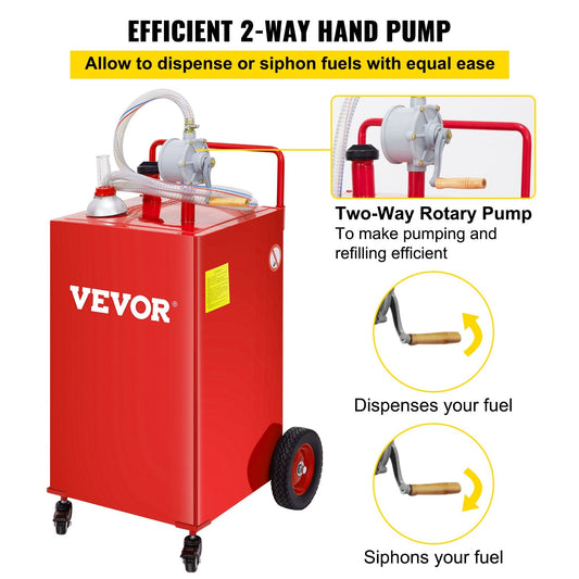 132L Fuel Storage Tank with Manual Pump, 4-Wheel Portable Gas Caddy, Red
