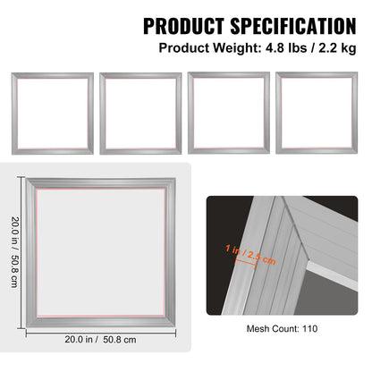 Silk Screen Printing Kit: 4 Aluminum Frames, 110 Mesh Count, 50.8x50.8 cm