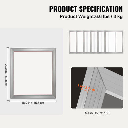 Silk Screen Printing Kit: 6 Aluminum Frames, 160 Mesh Count, 45.7 x 50.8 cm