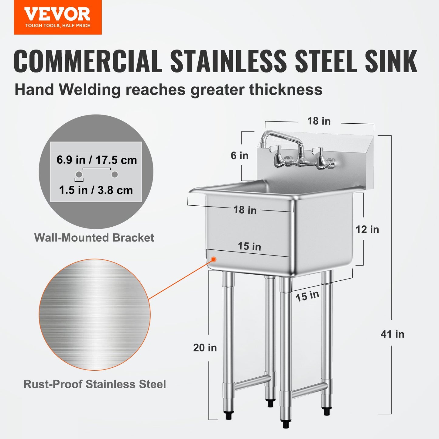 Stainless Steel Prep & Utility Sink, 1 Compartment Free Standing Small Sink Include Faucet & legs, 18"x41" Commercial Single Bowl Sinks for Garage, Restaurant, Kitchen, Laundry