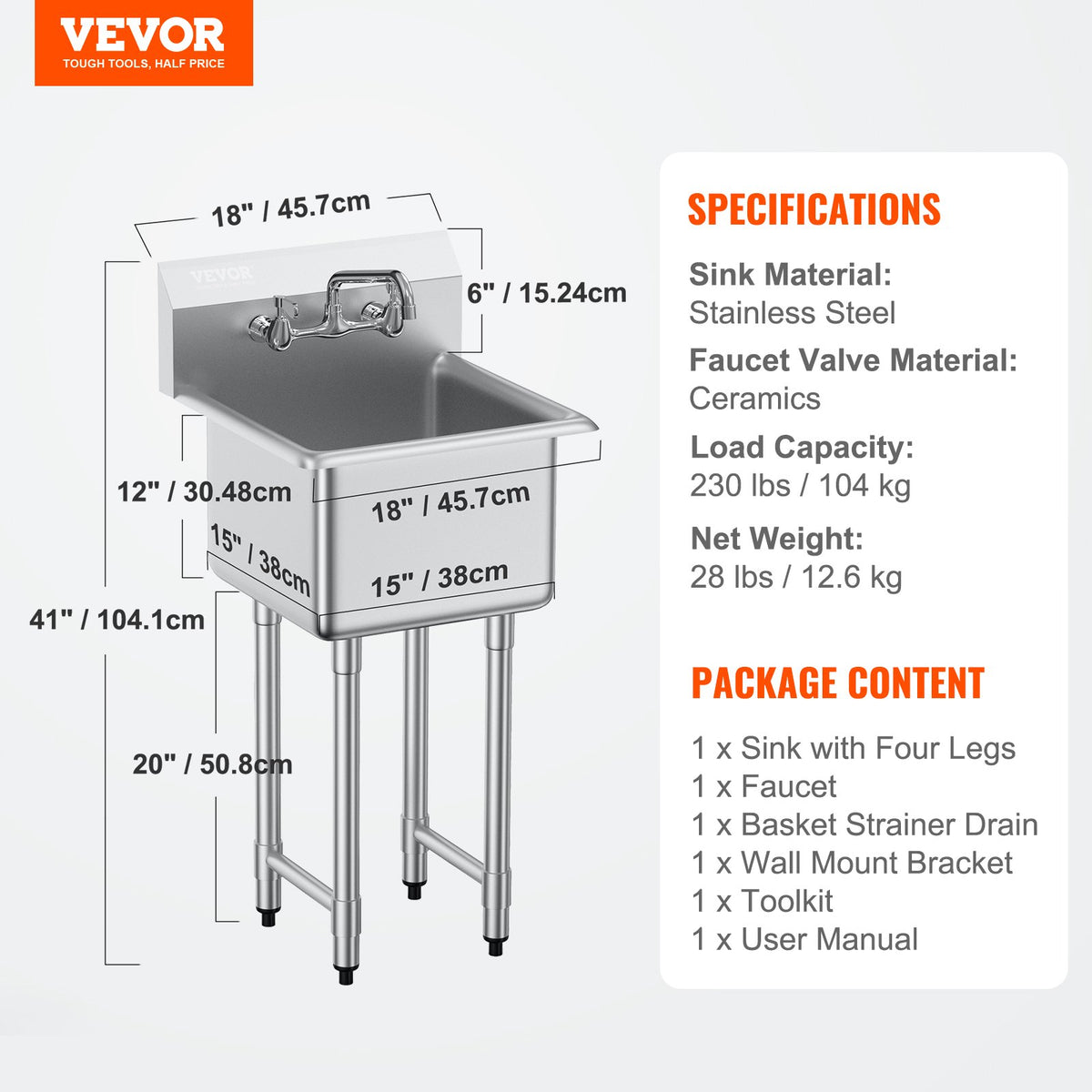 Stainless Steel Prep & Utility Sink, 1 Compartment Free Standing Small Sink Include Faucet & legs, 18"x41" Commercial Single Bowl Sinks for Garage, Restaurant, Kitchen, Laundry