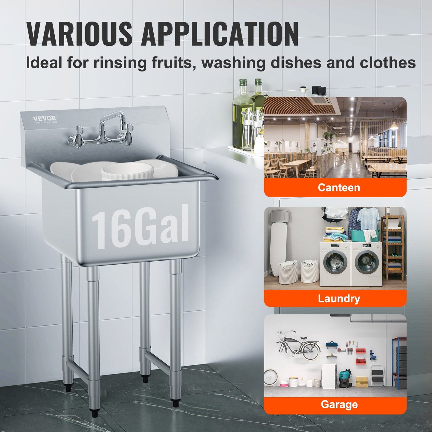 Stainless Steel Prep & Utility Sink, 1 Compartment Free Standing Small Sink Include Faucet & legs, 21"x41" Commercial Single Bowl Sinks for Garage, Restaurant, Kitchen, Laundry