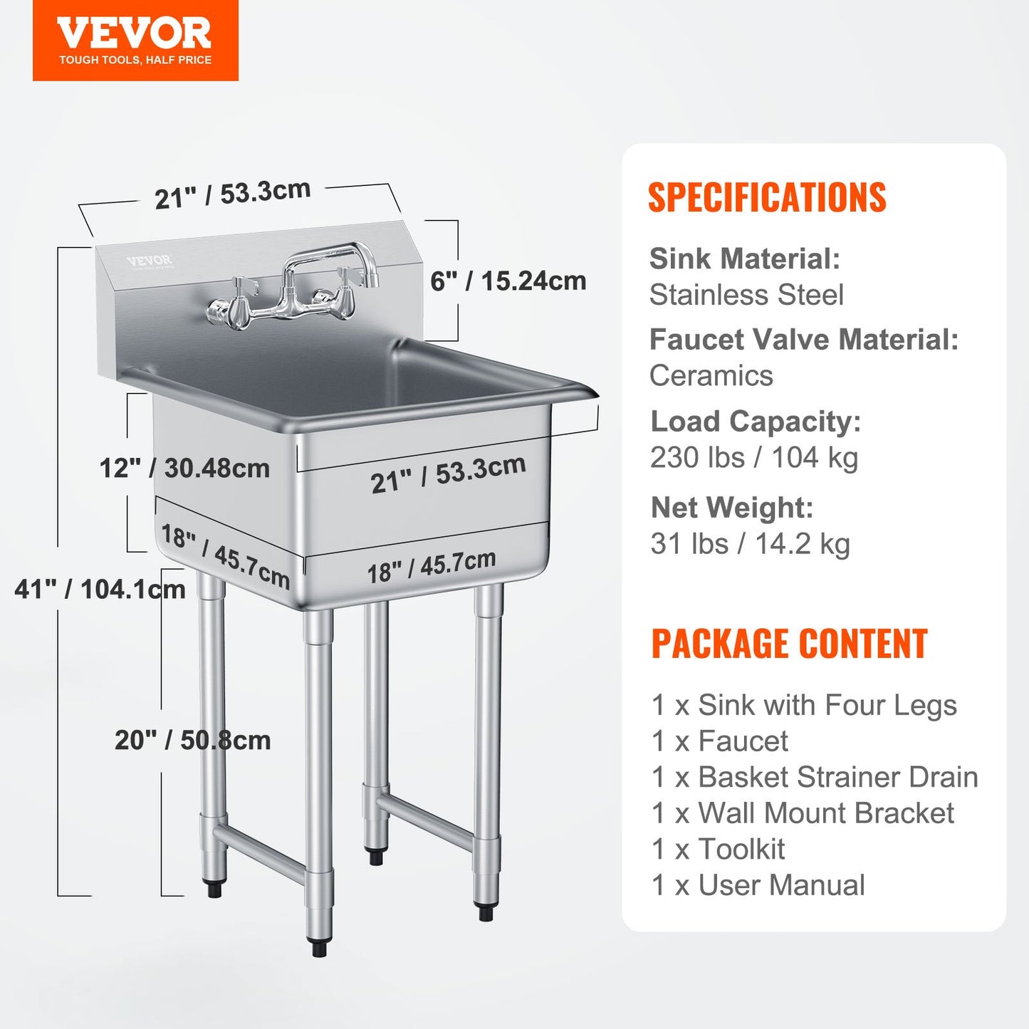 Stainless Steel Prep & Utility Sink, 1 Compartment Free Standing Small Sink Include Faucet & legs, 21"x41" Commercial Single Bowl Sinks for Garage, Restaurant, Kitchen, Laundry