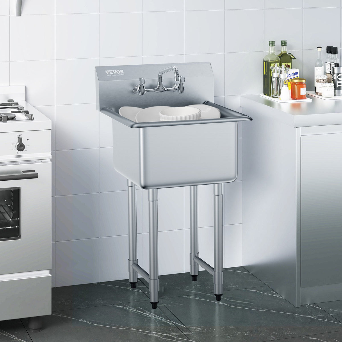 Stainless Steel Prep & Utility Sink, 1 Compartment Free Standing Small Sink Include Faucet & legs, 21"x41" Commercial Single Bowl Sinks for Garage, Restaurant, Kitchen, Laundry