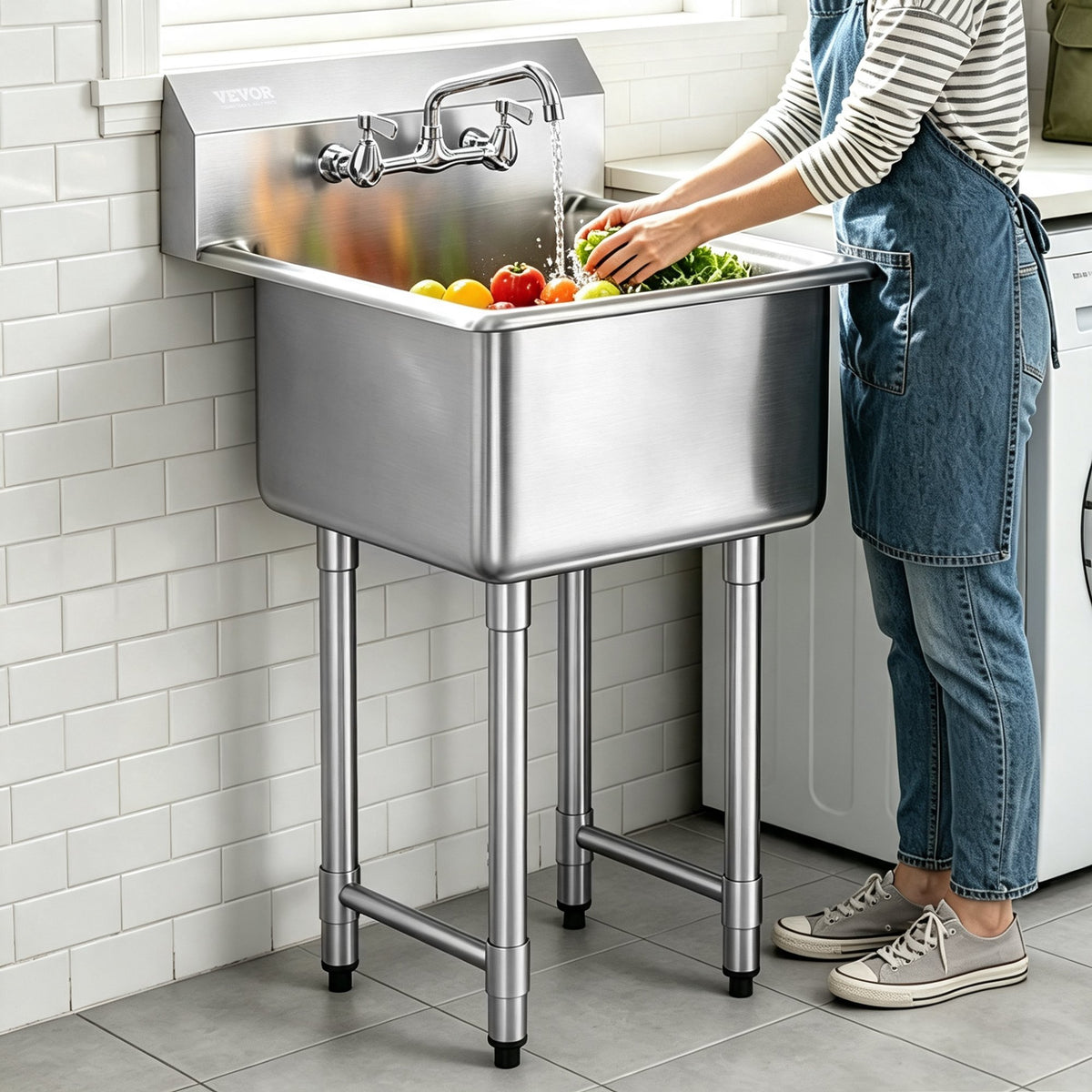 Stainless Steel Prep & Utility Sink, 1 Compartment Free Standing Small Sink Include Faucet & legs, 21"x41" Commercial Single Bowl Sinks for Garage, Restaurant, Kitchen, Laundry
