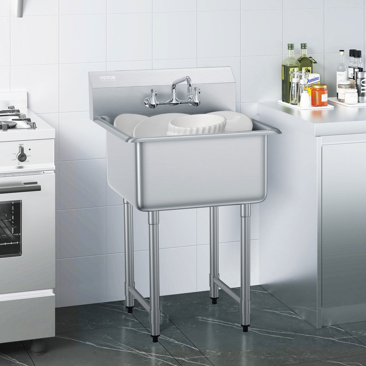 Stainless Steel Prep & Utility Sink, 1 Compartment Free Standing Small Sink Include Faucet & legs, 27"x41" Commercial Single Bowl Sinks for Garage, Restaurant, Kitchen, Laundry