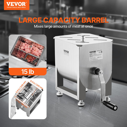 Manual Meat Mixer, 15L Fixed Tank Meat Processing Equipment(Mixing Maximum 15LBS for Meat), Stainless Steel Meat Mixer, Sausage Mixer Machine with Lid and Handle, Ground Beef Hand Mixer