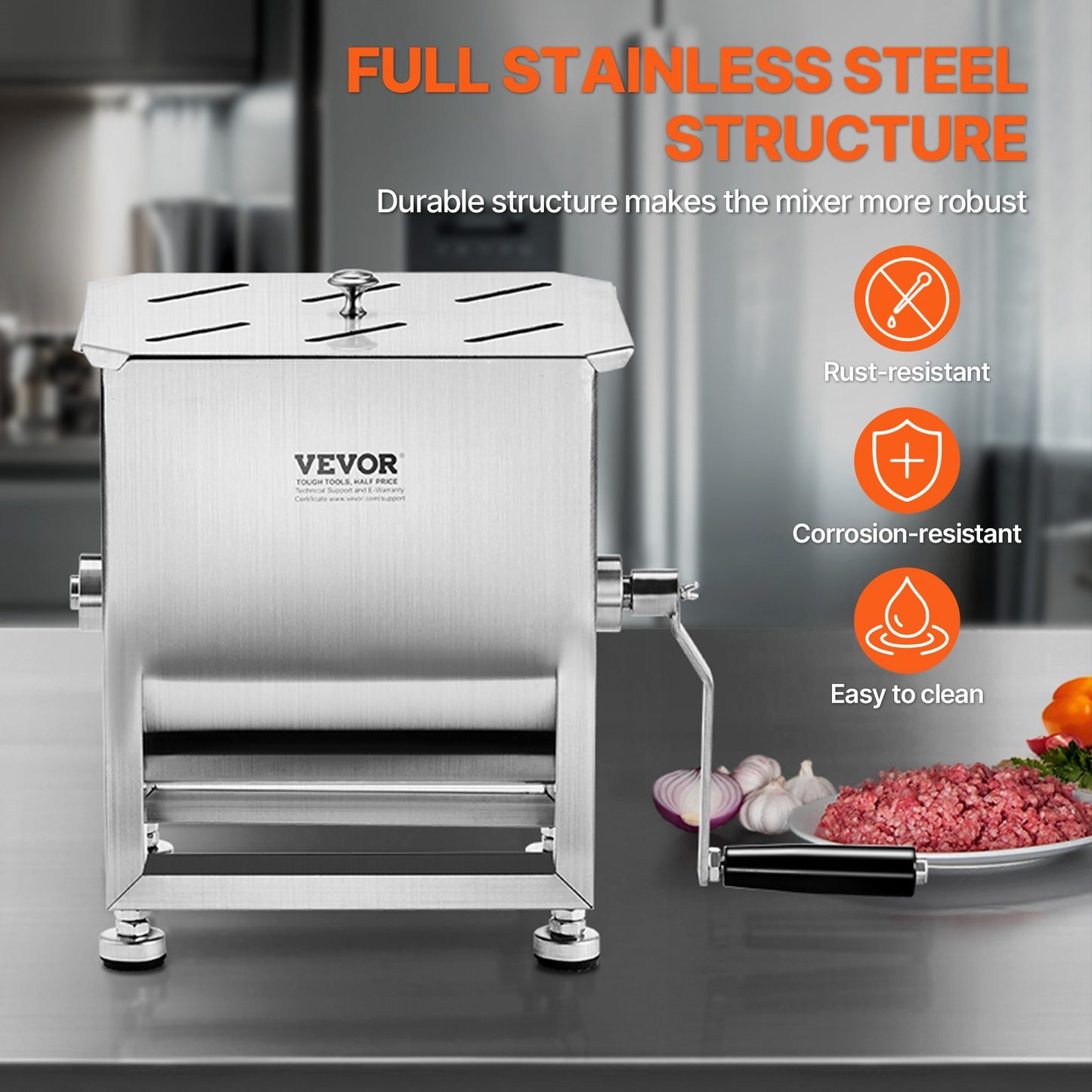 Manual Meat Mixer, 15L Fixed Tank Meat Processing Equipment(Mixing Maximum 15LBS for Meat), Stainless Steel Meat Mixer, Sausage Mixer Machine with Lid and Handle, Ground Beef Hand Mixer
