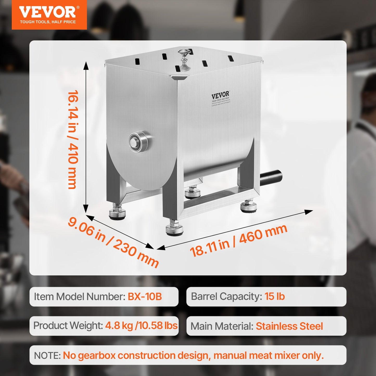 Manual Meat Mixer, 15L Fixed Tank Meat Processing Equipment(Mixing Maximum 15LBS for Meat), Stainless Steel Meat Mixer, Sausage Mixer Machine with Lid and Handle, Ground Beef Hand Mixer