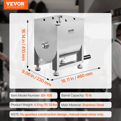 Manual Meat Mixer, 15L Fixed Tank Meat Processing Equipment(Mixing Maximum 15LBS for Meat), Stainless Steel Meat Mixer, Sausage Mixer Machine with Lid and Handle, Ground Beef Hand Mixer