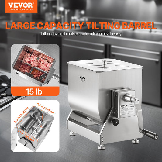 Manual Meat Mixer, 15L Tilt Tank Meat Processing Equipment(Mixing Max 15LBS for Meat), Stainless Steel Meat Mixer, Sausage Mixer Machine with Lid Handle Gear Reducer, Ground Beef Hand Mixer