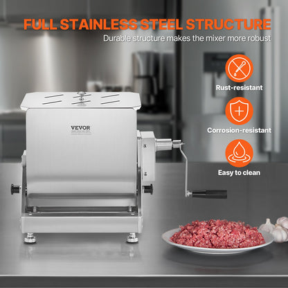 Manual Meat Mixer, 15L Tilt Tank Meat Processing Equipment(Mixing Max 15LBS for Meat), Stainless Steel Meat Mixer, Sausage Mixer Machine with Lid Handle Gear Reducer, Ground Beef Hand Mixer