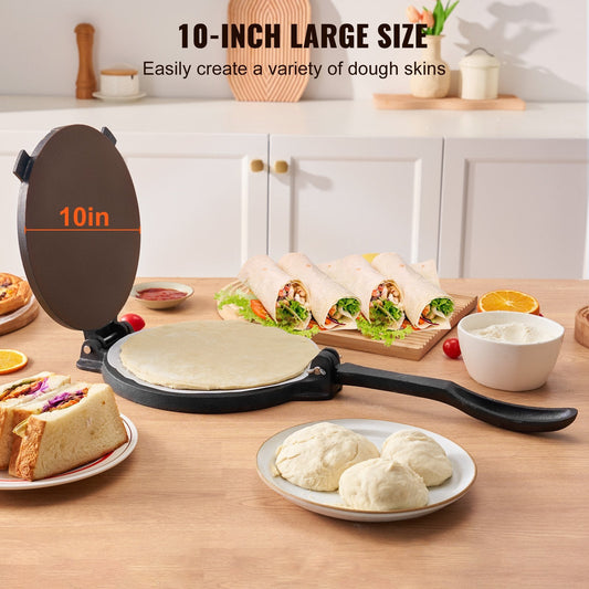Heavy-duty pre-seasoned cast iron tortilla maker with durable rust-resistant construction for home kitchens