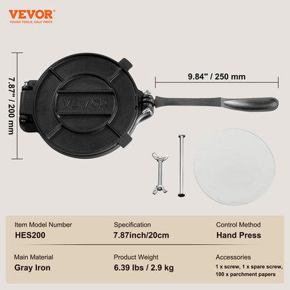Heavy-Duty 20 cm Cast Iron Tortilla & Roti Maker with Parchment Paper