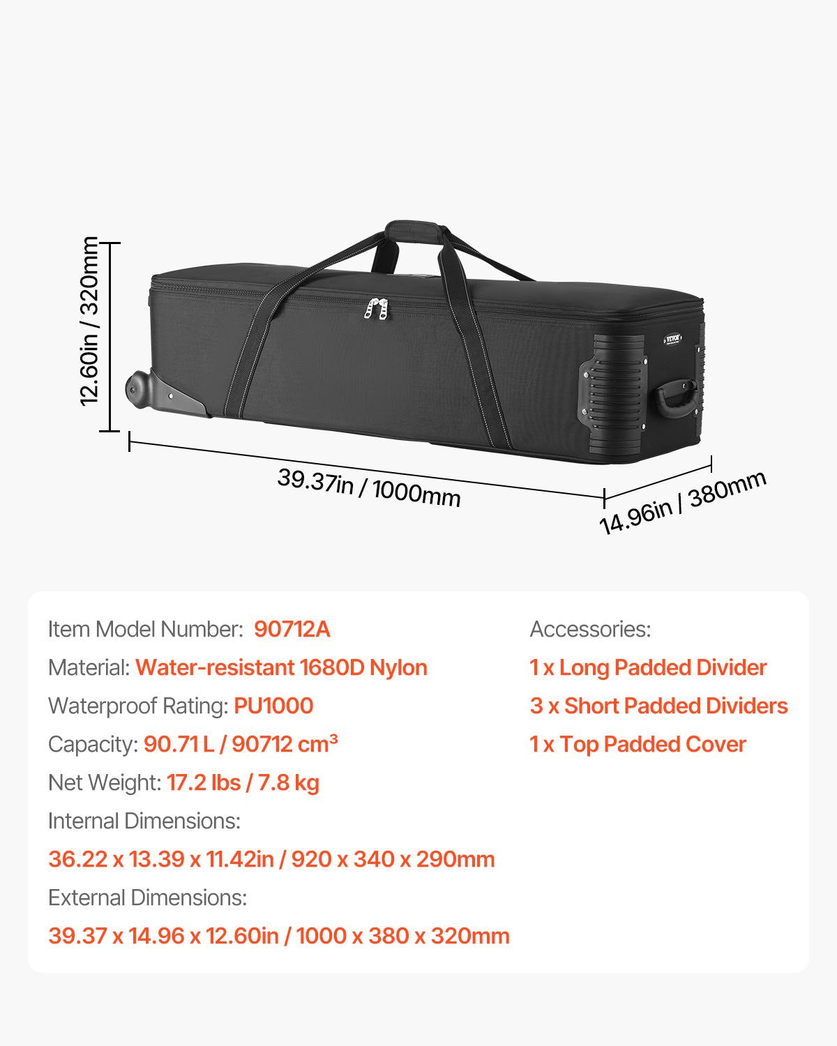 VEVOR Studio Equipment Trolley Case 100 x 38 x 32 cm Rolling Camera Bag