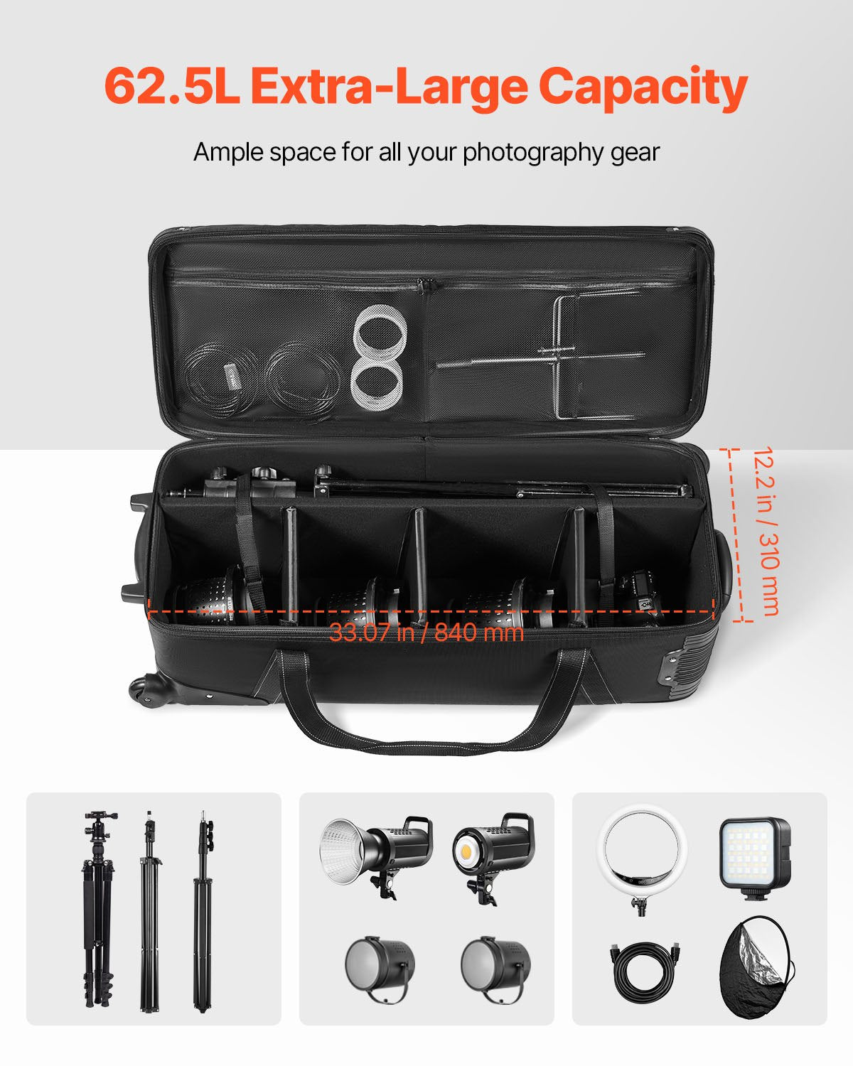 VEVOR Studio Equipment Trolley Case 91 x 30 x 35.5 cm Rolling Camera Bag