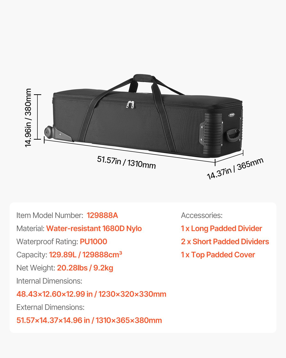 VEVOR Studio Equipment Trolley Case 131 x 36.5 x 38 cm Rolling Camera Bag