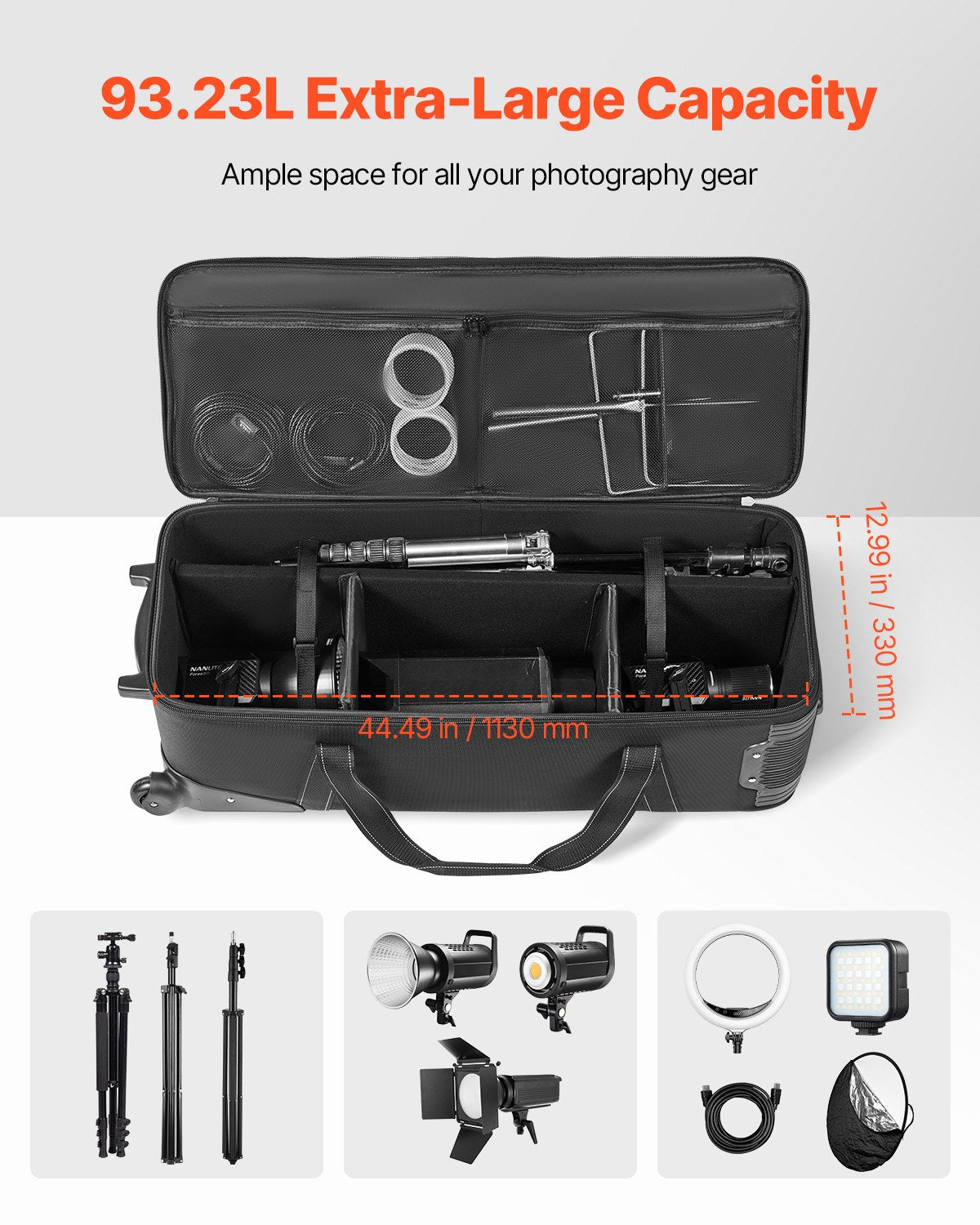 VEVOR Studio Equipment Trolley Case 118 x 37 x 30 cm Rolling Camera Bag