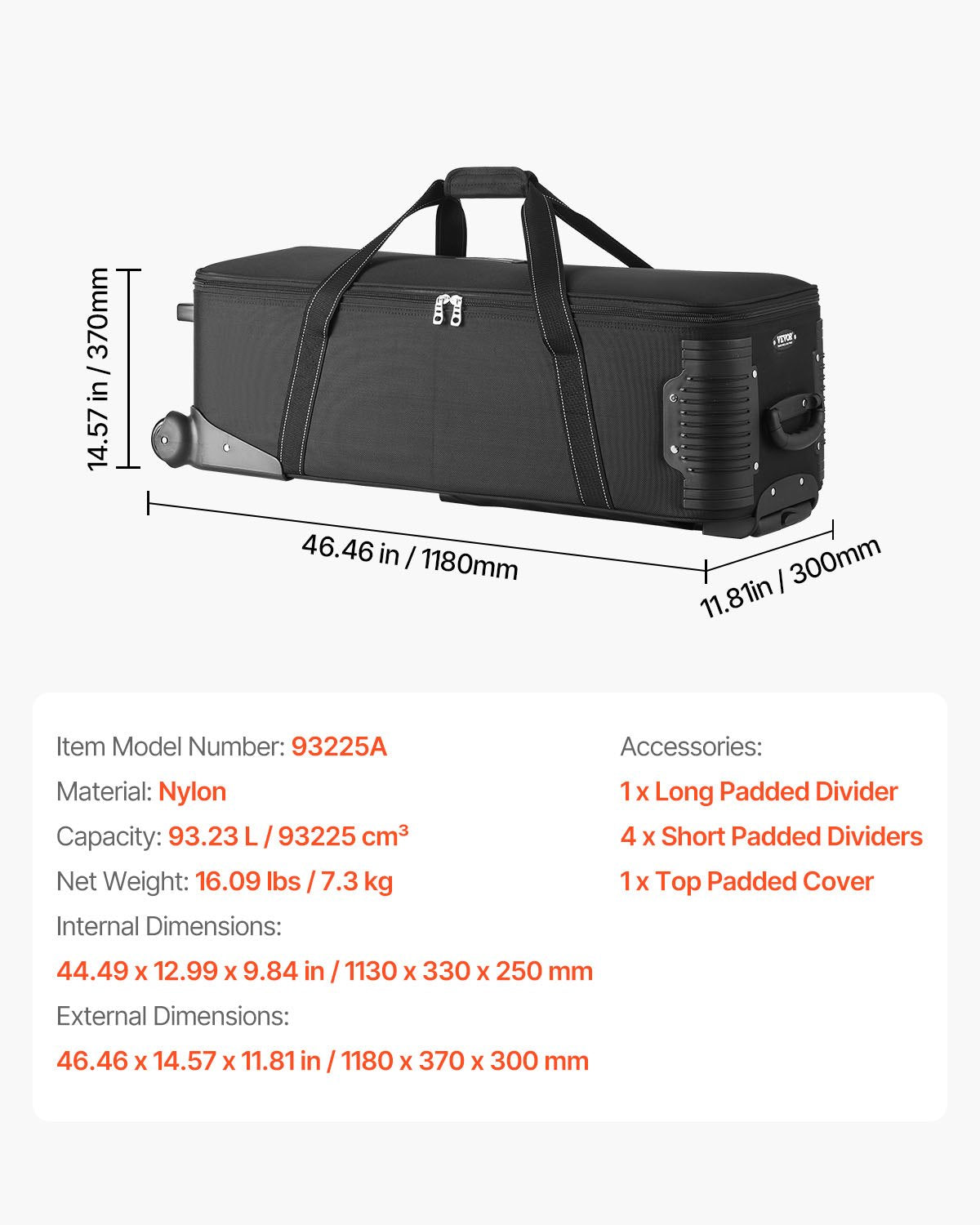 VEVOR Studio Equipment Trolley Case 118 x 37 x 30 cm Rolling Camera Bag