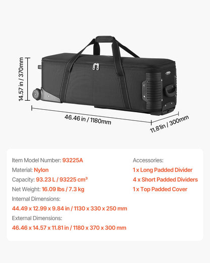 VEVOR Studio Equipment Trolley Case 118 x 37 x 30 cm Rolling Camera Bag
