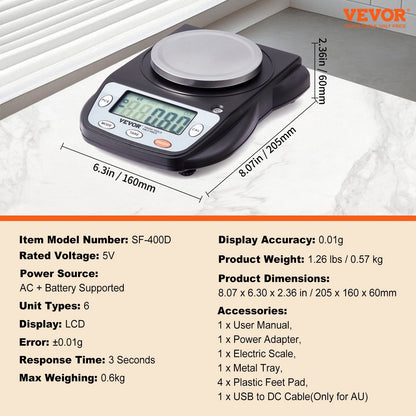 Precision Lab Scale 0.6kg x 0.01g with 6 Units Conversion and RS232C Interface