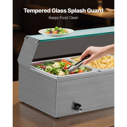 Commercial Food Warmer 3-Pan 1500W Buffet Bain Marie with Glass Cover