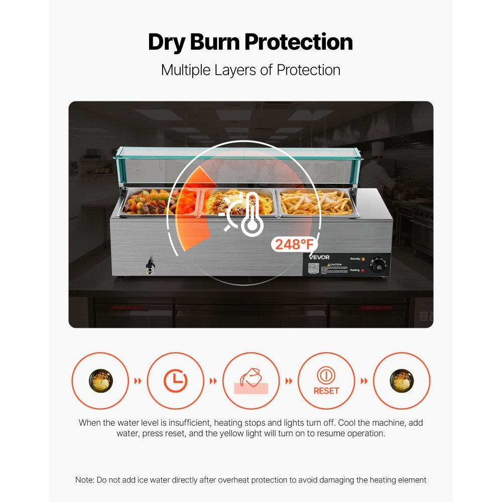 Commercial Food Warmer 3-Pan 1500W Buffet Bain Marie with Glass Cover