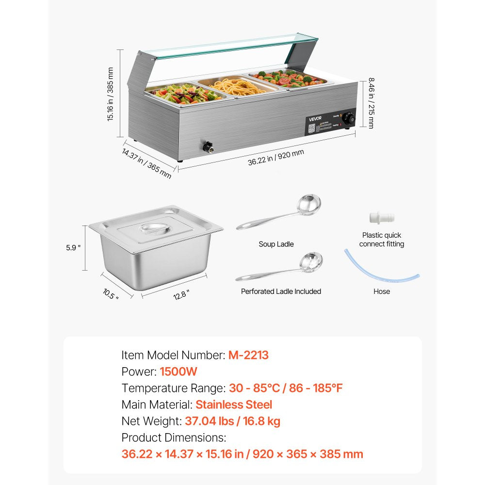 Commercial Food Warmer 3-Pan 1500W Buffet Bain Marie with Glass Cover