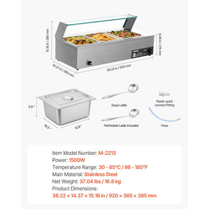 Commercial Food Warmer 3-Pan 1500W Buffet Bain Marie with Glass Cover