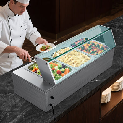 Commercial Food Warmer 3-Pan 1500W Buffet Bain Marie with Glass Cover