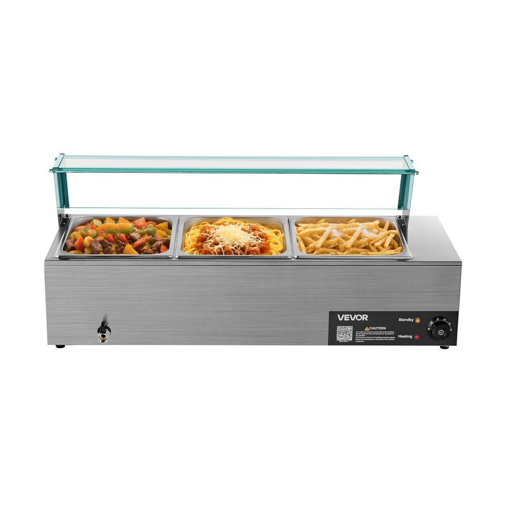 Commercial Food Warmer 3-Pan 1500W Buffet Bain Marie with Glass Cover