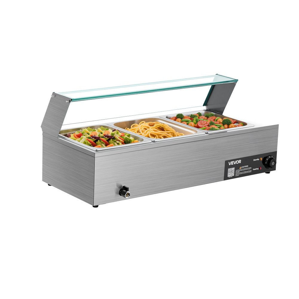 Commercial Food Warmer 3-Pan 1500W Buffet Bain Marie with Glass Cover