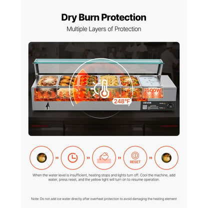 Commercial Food Warmer 6 x 1/3 Size Pans Buffet Bain Marie with Glass Cover