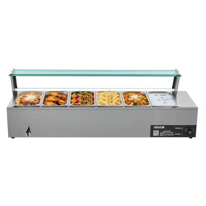 Commercial Food Warmer 6 x 1/3 Size Pans Buffet Bain Marie with Glass Cover