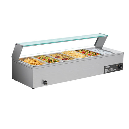 Commercial Food Warmer 6 x 1/3 Size Pans Buffet Bain Marie with Glass Cover
