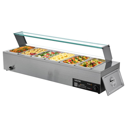 Commercial Food Warmer 6 x 1/3 Size Pans Buffet Bain Marie with Glass Cover