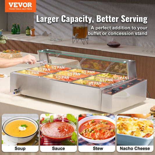 Commercial Food Warmer, 1500W Electric Stainless Steel Steam Food Warmer with Glass Cover, 9-Pan Countertop Buffet Bain Marie with Soup & Perforated Ladles, for Catering, Restaurant & Party
