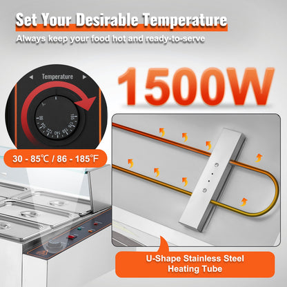 Commercial Food Warmer, 1500W Electric Stainless Steel Steam Food Warmer with Glass Cover, 9-Pan Countertop Buffet Bain Marie with Soup & Perforated Ladles, for Catering, Restaurant & Party