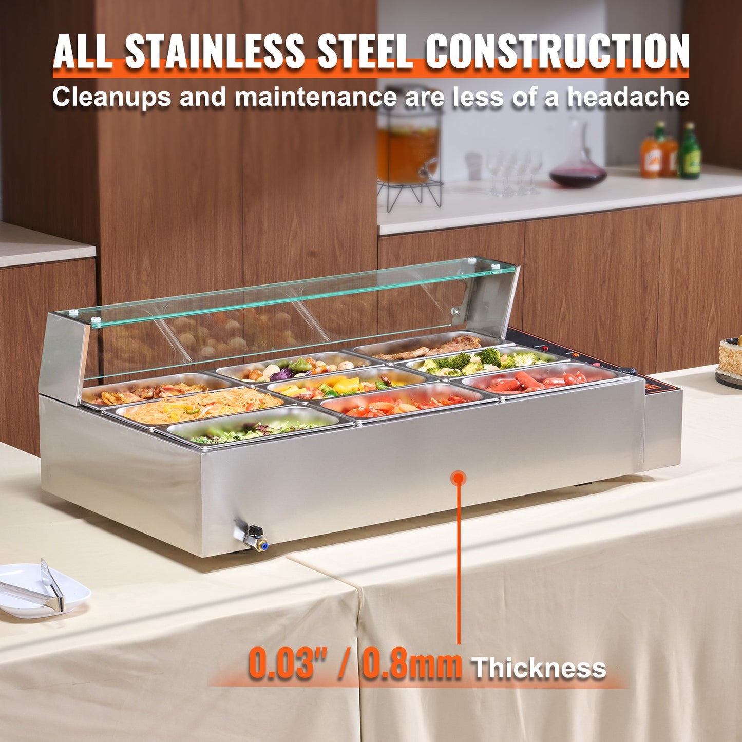 Commercial Food Warmer, 1500W Electric Stainless Steel Steam Food Warmer with Glass Cover, 9-Pan Countertop Buffet Bain Marie with Soup & Perforated Ladles, for Catering, Restaurant & Party
