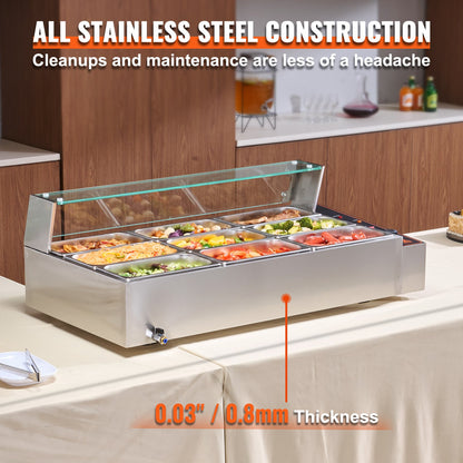 Commercial Food Warmer, 1500W Electric Stainless Steel Steam Food Warmer with Glass Cover, 9-Pan Countertop Buffet Bain Marie with Soup & Perforated Ladles, for Catering, Restaurant & Party