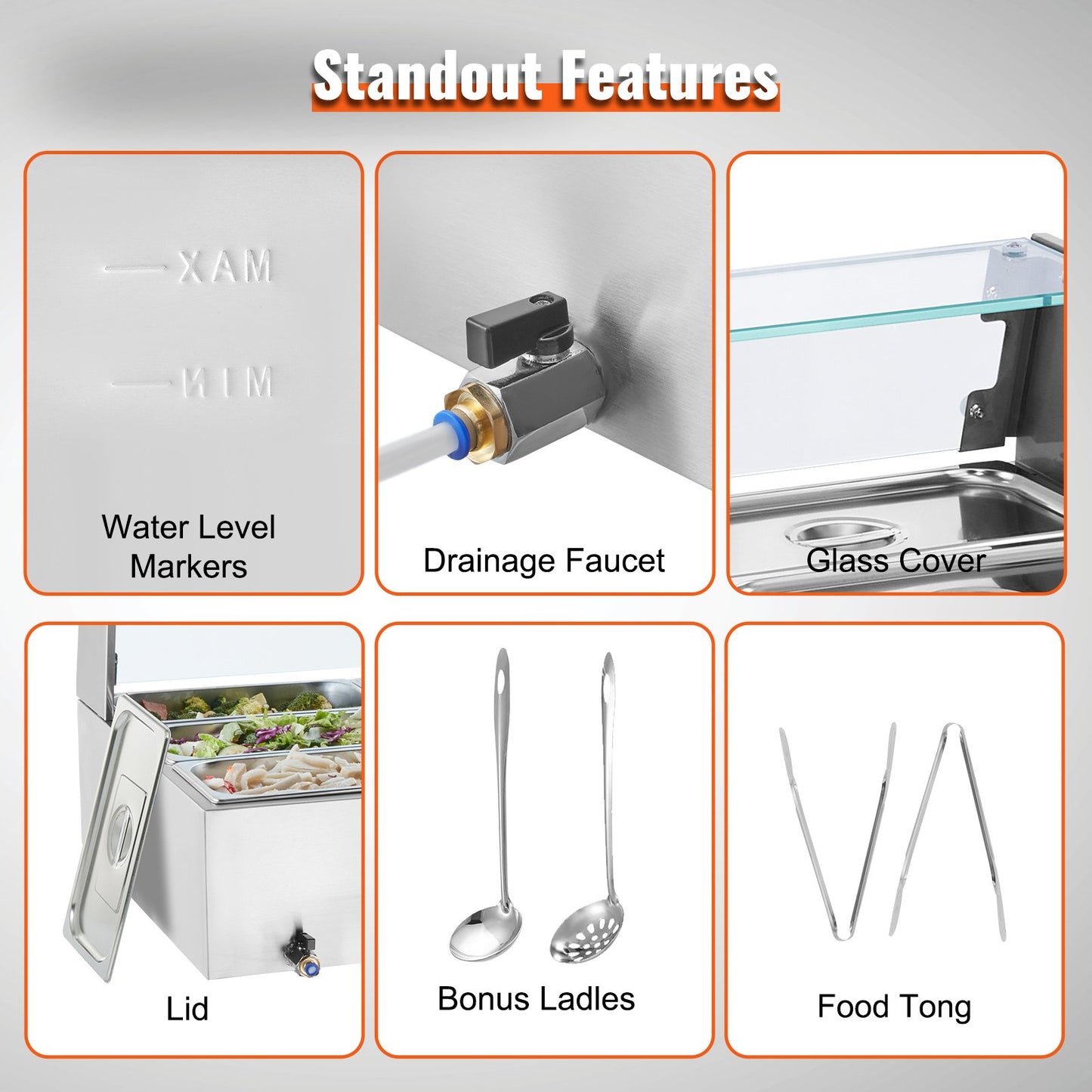 Commercial Food Warmer, 1500W Electric Stainless Steel Steam Food Warmer with Glass Cover, 9-Pan Countertop Buffet Bain Marie with Soup & Perforated Ladles, for Catering, Restaurant & Party