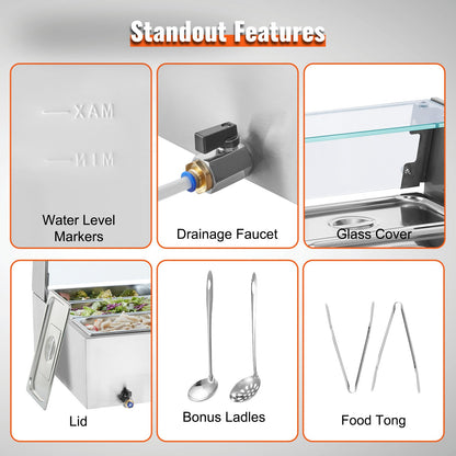 Commercial Food Warmer, 1500W Electric Stainless Steel Steam Food Warmer with Glass Cover, 9-Pan Countertop Buffet Bain Marie with Soup & Perforated Ladles, for Catering, Restaurant & Party