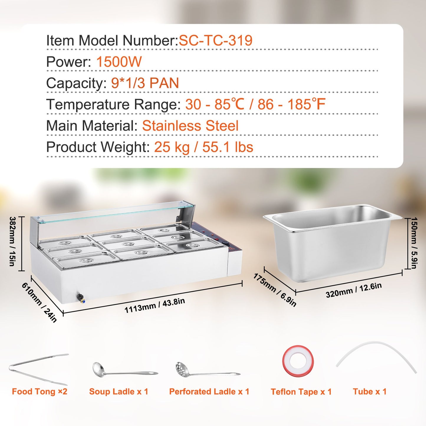 Commercial Food Warmer, 1500W Electric Stainless Steel Steam Food Warmer with Glass Cover, 9-Pan Countertop Buffet Bain Marie with Soup & Perforated Ladles, for Catering, Restaurant & Party