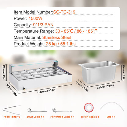 Commercial Food Warmer, 1500W Electric Stainless Steel Steam Food Warmer with Glass Cover, 9-Pan Countertop Buffet Bain Marie with Soup & Perforated Ladles, for Catering, Restaurant & Party