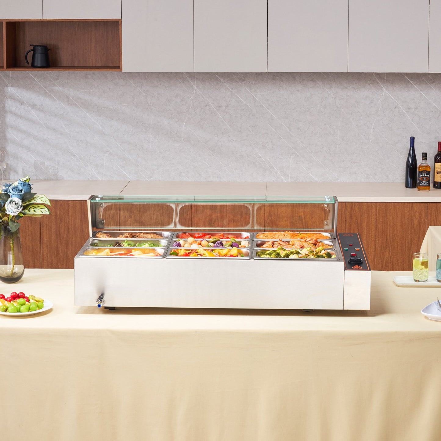 Commercial Food Warmer, 1500W Electric Stainless Steel Steam Food Warmer with Glass Cover, 9-Pan Countertop Buffet Bain Marie with Soup & Perforated Ladles, for Catering, Restaurant & Party
